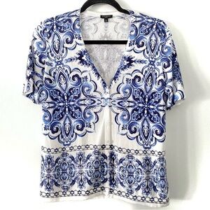 Talbots lightweight button down short sleeve blue paisley cardigan size MP